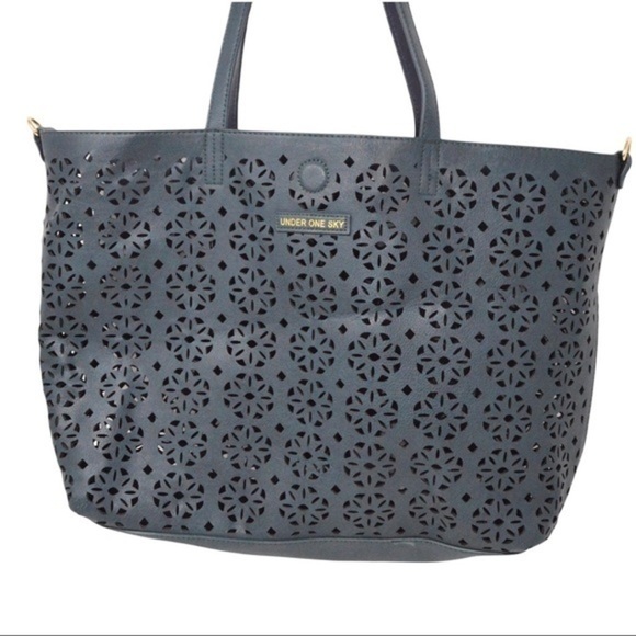 Under One Sky Vegan Leather Laser Cut Tote Bag, Teal Color - Picture 1 of 7
